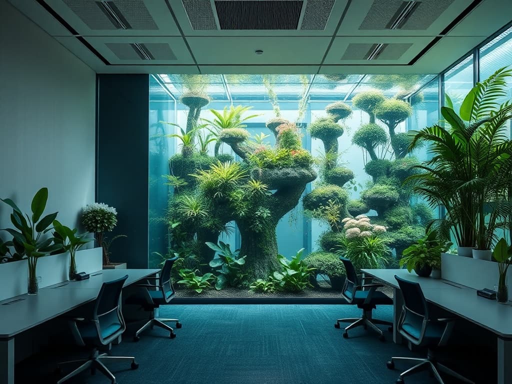 A wide editorial view of a calm, biophilic Hong Kong office — a floor-to-ceiling planted aquarium against tall windows with lush surrounding plants and soft daylight.